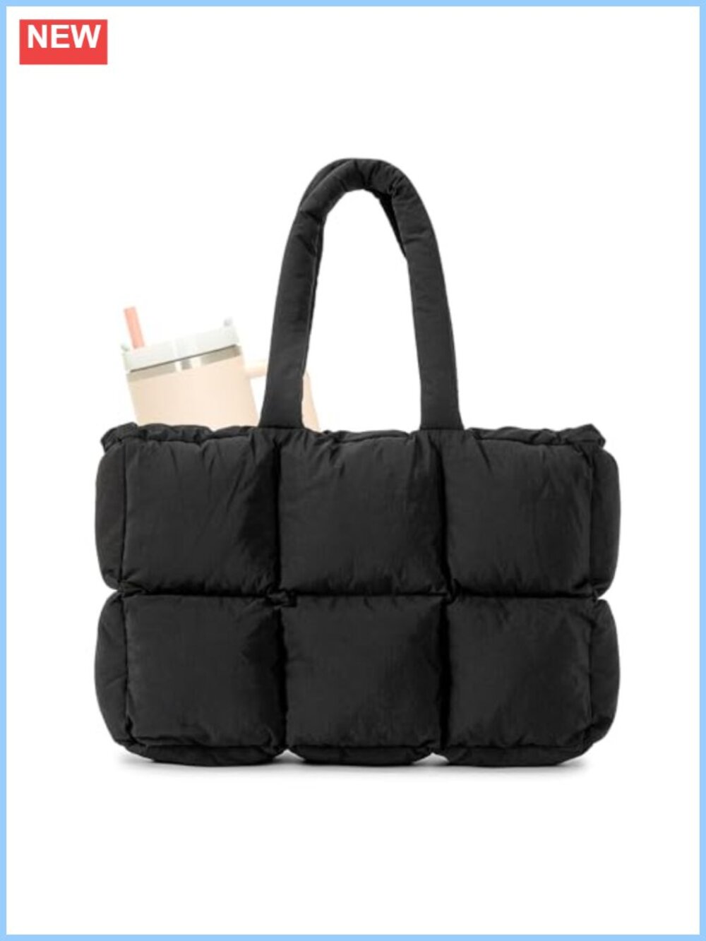 Puffer Tote Bag Nylon Shoulder Handbag 15.6" Laptop 40oz Tumbler Holder